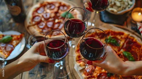 Top View Pizza Party Friends Enjoy Wine, Clink Glasses over Rustic Italian Table