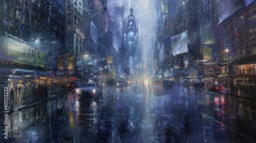 Rainy night city landscape. The street is wet and shiny, cars and pedestrians make their way through the rain. Buildings are illuminated by street lamps and headlights.