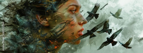 A realistic digital painting of a woman s face morphing into a flock of birds  exploring themes of freedom and transformation.