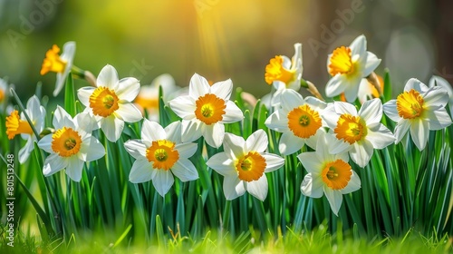   A field of white and yellow daffodils Green grass in foreground Sunlight filters through daffodils in background © Mikus