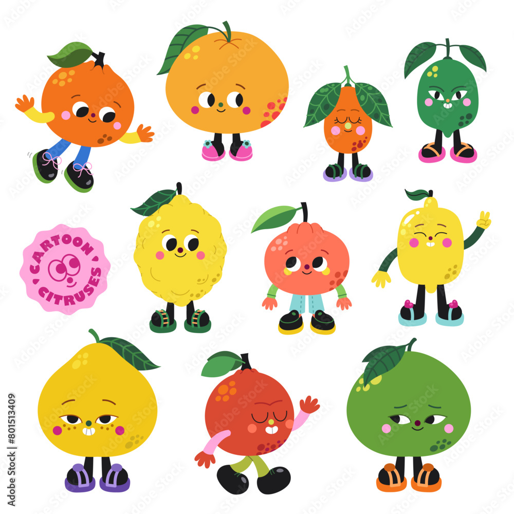 Fototapeta premium Cute cartoon citruses illustrations vector set on a white background.