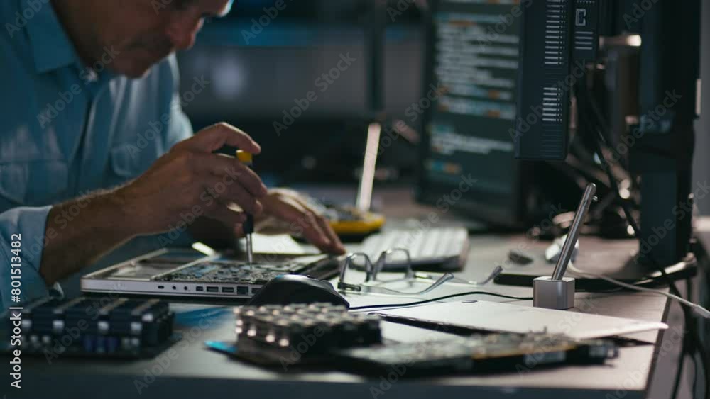 Close up of male electronics engineer using screwdriver to take laptop to pieces for repair with low key lighting - shot in slow motion Close up of male electronics engineer using screwdriver to take laptop to pieces for repair with low key lighting - shot in slow motion