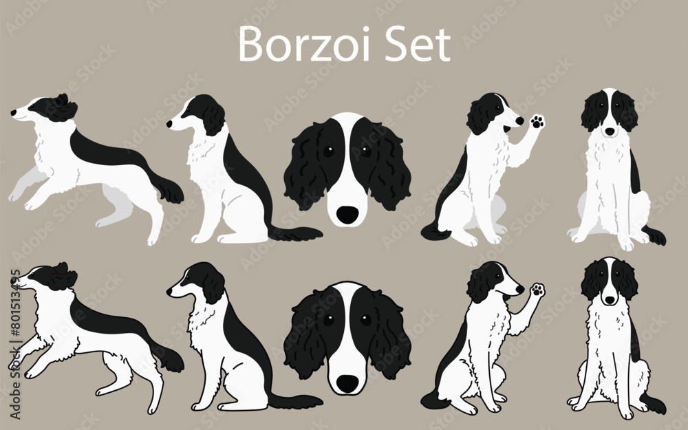 Obraz premium Cute and simple black and white Borzoi illustrations set