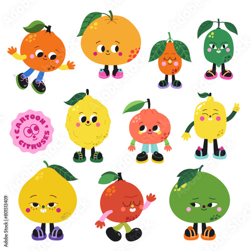 Cute cartoon citruses illustrations vector set on a white background.