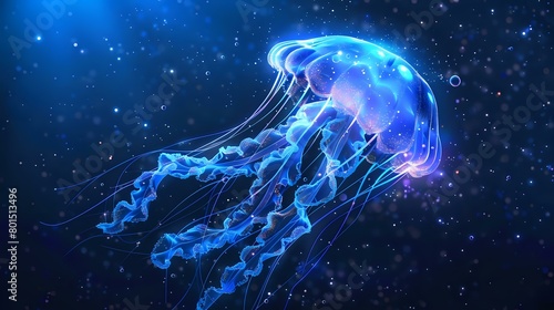 Glowing Jellyfish in Deep Blue Sea Fantasy Cosmos among Stars - Neon Medusa © Mohsin