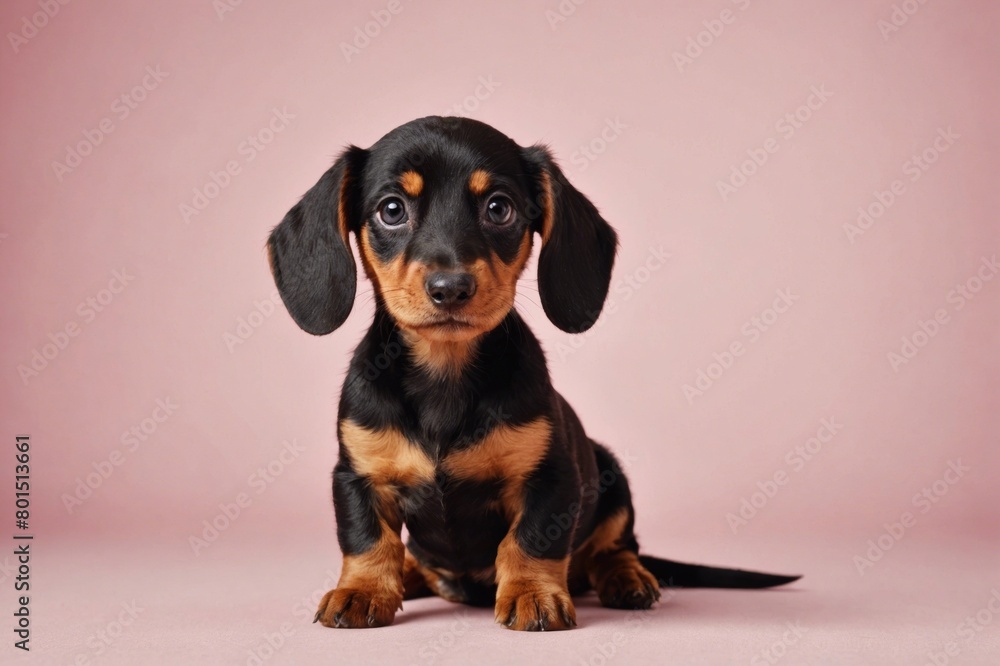 Dachshund puppy looking at camera, copy space. Studio shot.