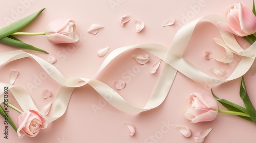   Pink tulips with white ribbons and petals against a light pink background A heart-shaped white ribbon is added