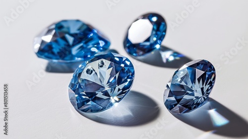 An exquisite close-up of blue and white diamonds of various cuts  each casting delicate shadows.  