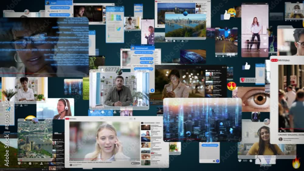 Animated Background with Virtual Social Media Reality Interconnected by Internet Into Worldwide Web. Internet of Things Concept. Videos, Avatars, Emoji, Profiles. Metaverse. Loopable.
