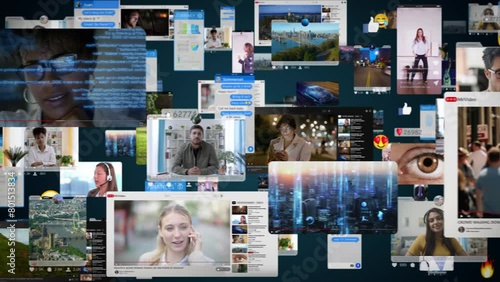 Animated Background with Virtual Social Media Reality Interconnected by Internet Into Worldwide Web. Internet of Things Concept. Videos, Avatars, Emoji, Profiles. Metaverse. Loopable.