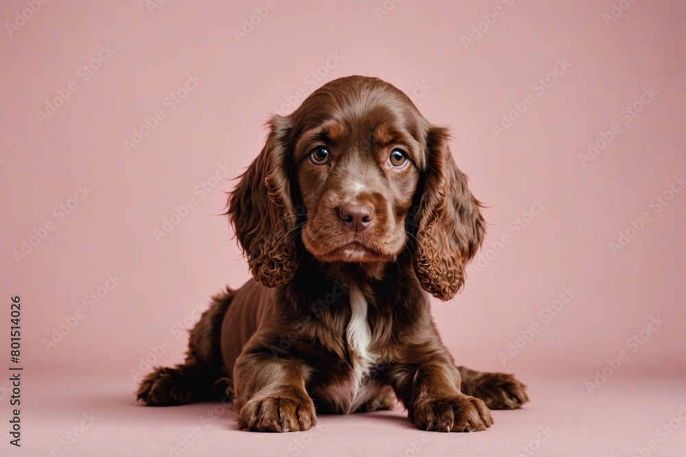 English Cocker Spaniel puppy looking at camera, copy space. Studio shot.