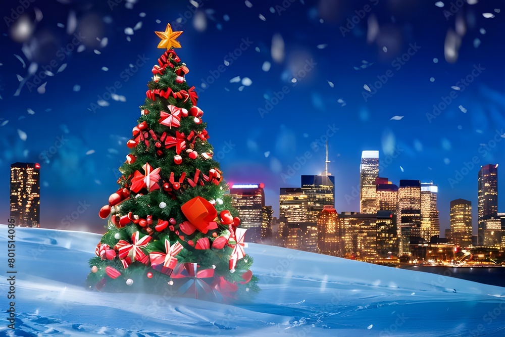 A Christmas tree with presents underneath it, standing on a snowy hill. The city skyline is visible in the background. Snow is falling around the tree.