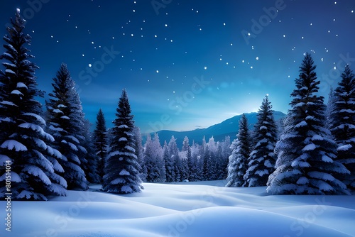 A snowy landscape with snow-covered evergreen trees, a dark blue sky, and stars.