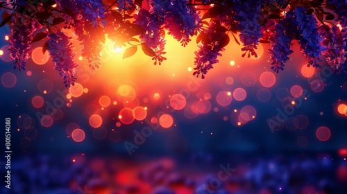    a tree adorned with purple flowers against a background of brilliant yellow light