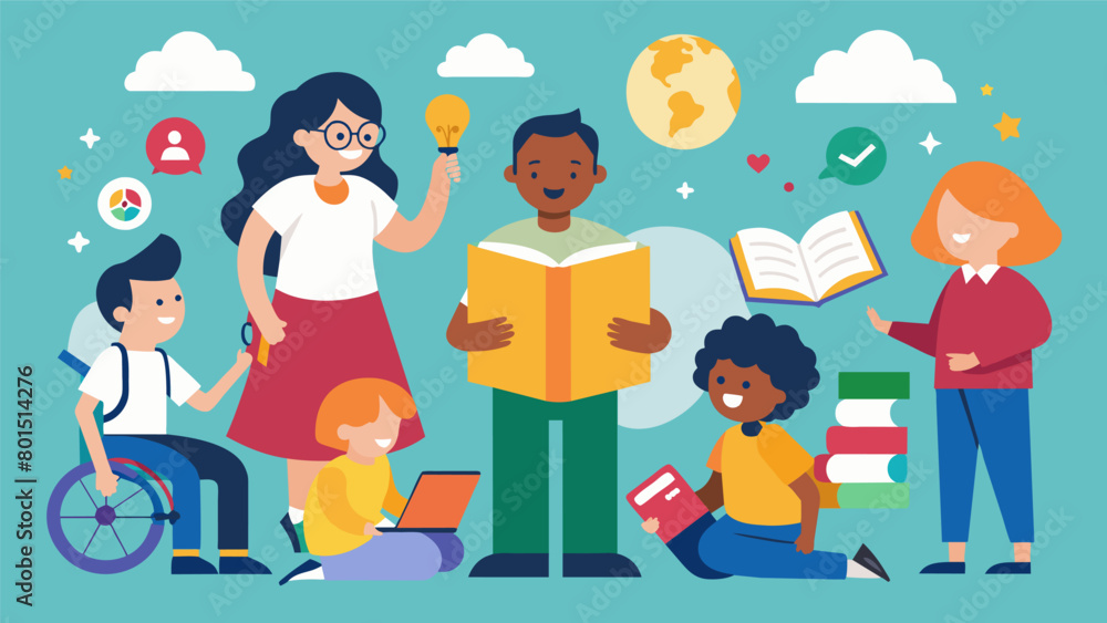 An inclusive school has started using storytelling as a form of teaching for students with intellectual disabilities engaging them in interactive. Vector illustration