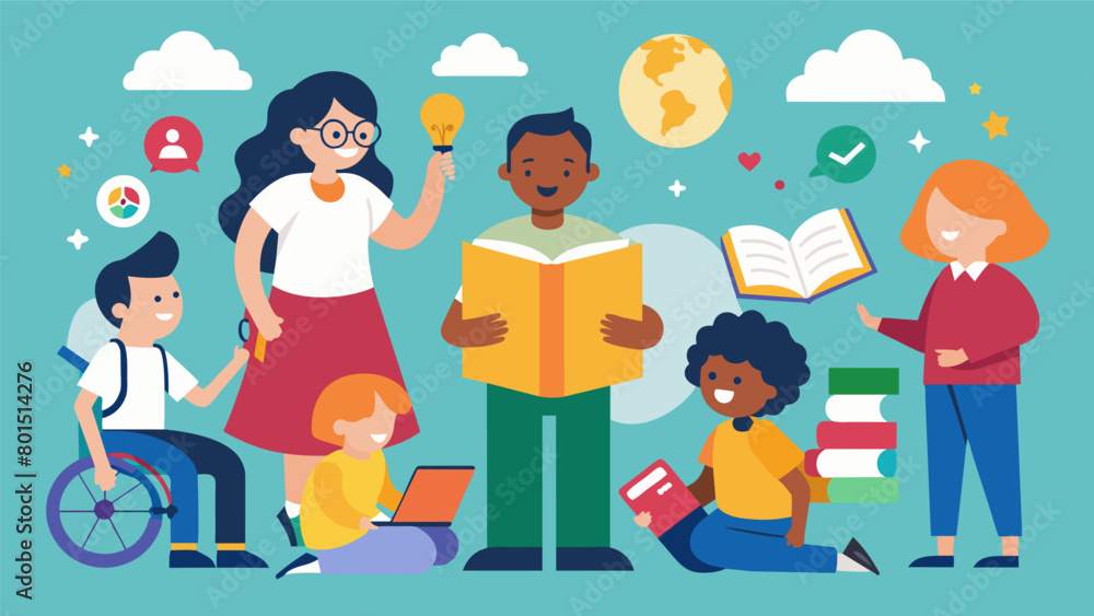 An inclusive school has started using storytelling as a form of teaching for students with intellectual disabilities engaging them in interactive. Vector illustration An inclusive school has started using storytelling as a form of teaching for students with intellectual disabilities engaging them in interactive. Vector illustration