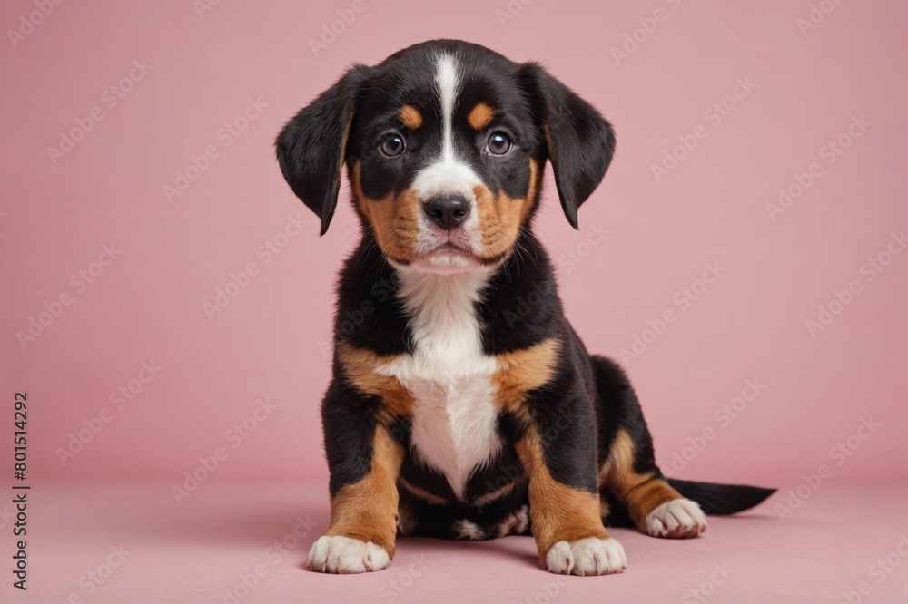 Entlebucher Mountain Dog puppy looking at camera, copy space. Studio shot. Entlebucher Mountain Dog puppy looking at camera, copy space. Studio shot.