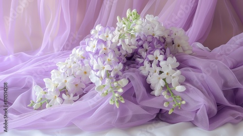 A table displays a bouquet of white and purple flowers atop a purple tablecloth Sheer curtains frame the background