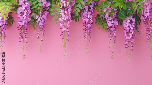   Purple flowers hanging from pink wall  adjacent to a green leafy plant
