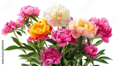 Vibrant Peony Bush  Colorful Blooms on White Background