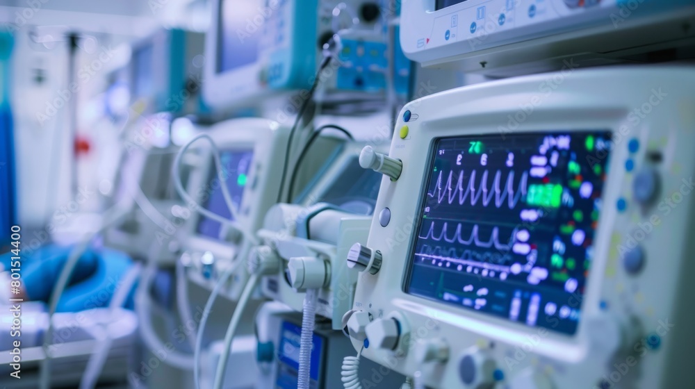 A hospital room with numerous medical equipment and monitors providing vital signs, ensuring patient care and monitoring health status. A hospital room with numerous medical equipment and monitors providing vital signs, ensuring patient care and monitoring health status.