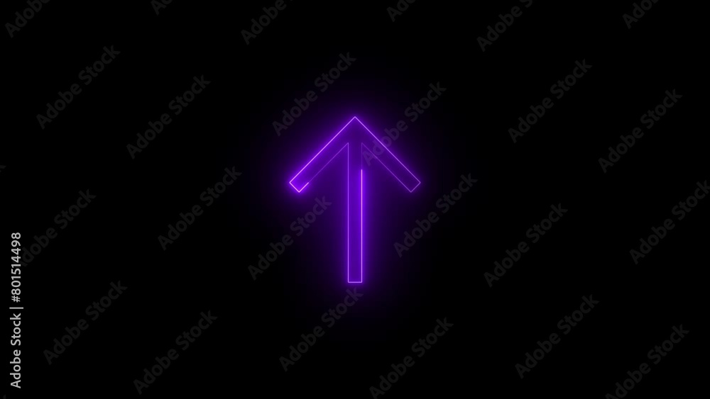 Neon glowing purple color up arrow shift key icon on black background animation Neon glowing purple color up arrow shift key icon on black background animation