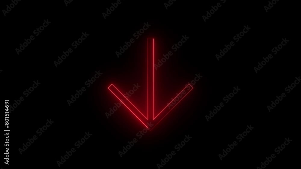 Neon glowing red color down arrow direction icon on black background animation Neon glowing red color down arrow direction icon on black background animation