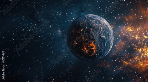 A planet in space surrounded by stars. The planet is orange-gray in color.