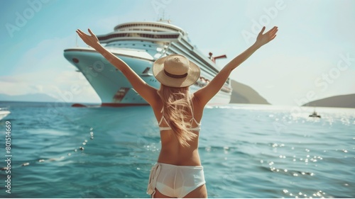 Happy woman tourist with arms raised standing in front of big cruise liner, Luxury travel on summer vacation ,sunglasses, hat, sky, lifestyle, trip, getaway, leisure, journey, cruise, sea, harbor