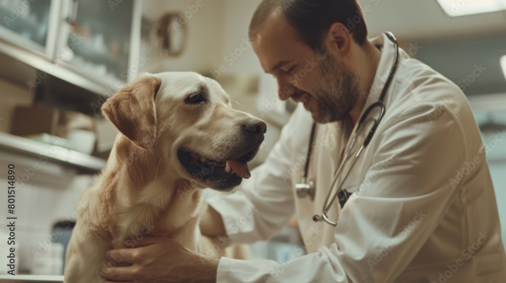 A dog sits while a male veterinarian with a stethoscope on his neck pets it in the premises of a veterinary clinic.