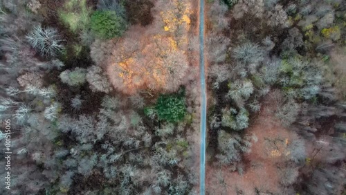 Aerial top down of graffiti road in Fall around abandoned coal town Centralia Pennsylvania photo