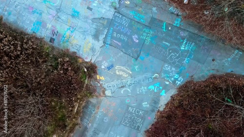Aerial top down of graffiti road in Fall around abandoned coal town Centralia Pennsylvania