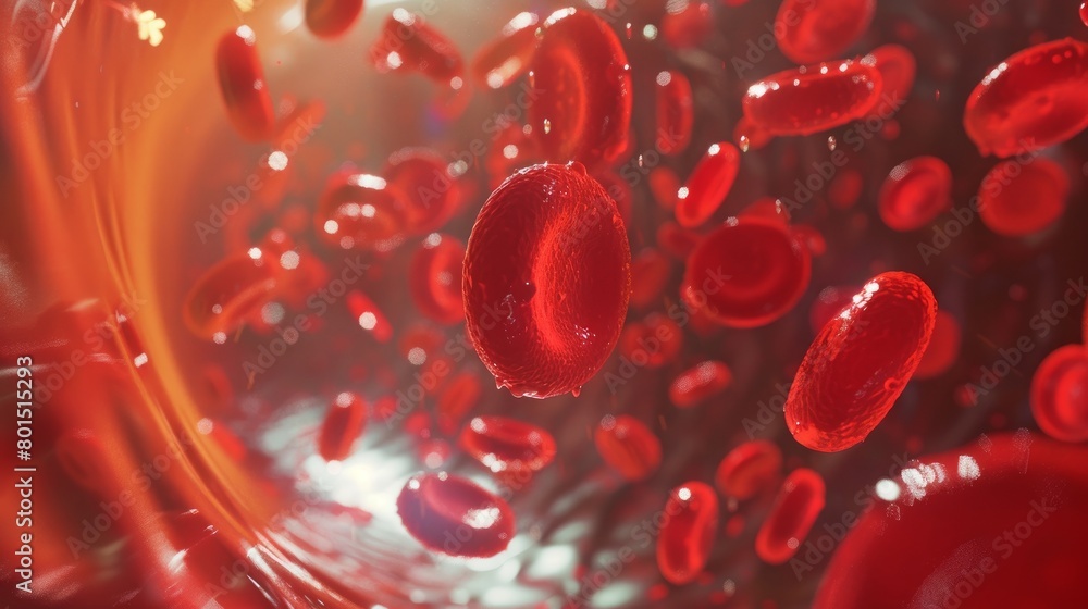A detailed 3D illustration depicting red blood cells flowing through a vessel, highlighting their structure and movement A detailed 3D illustration depicting red blood cells flowing through a vessel, highlighting their structure and movement