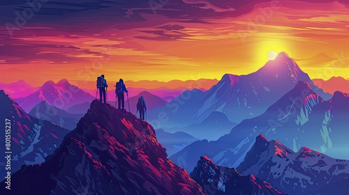 Witness a team triumphing over mountain peaks at sunrise in a vibrant vector illustration capturing the essence of adventure and exploration.