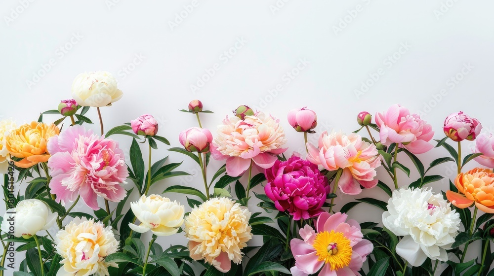 Vibrant Peony Bush: Colorful Blooms on White Background Vibrant Peony Bush: Colorful Blooms on White Background