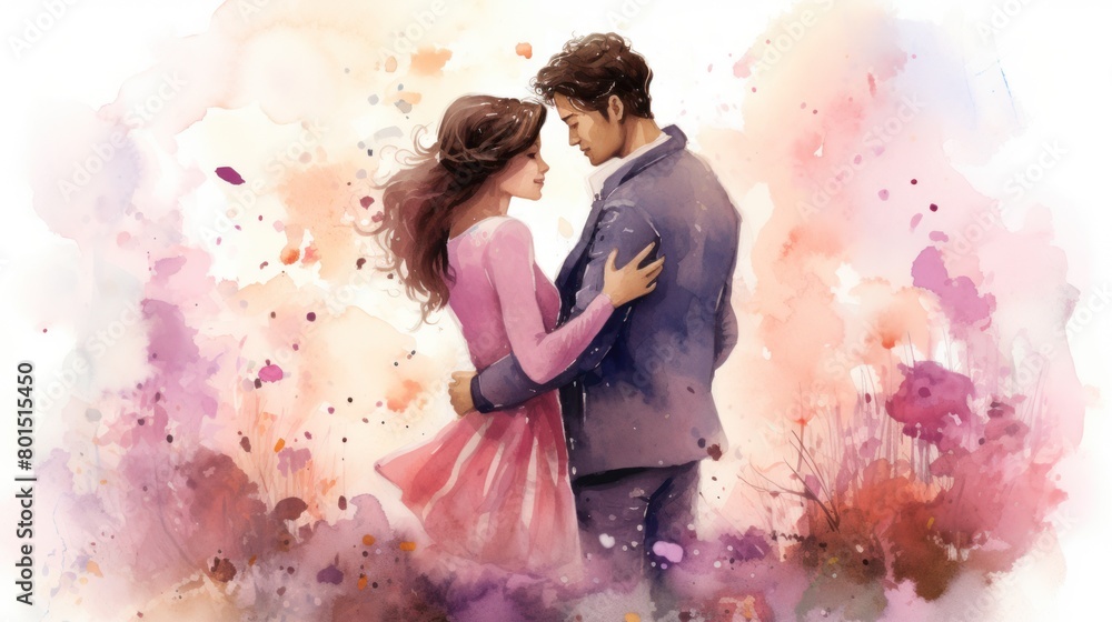 A man and woman embrace in a field of flowers. She wears a pink dress and he wears a suit. The image is painted in watercolor and has a soft, romantic feel. Valentine's Day. A man and woman embrace in a field of flowers. She wears a pink dress and he wears a suit. The image is painted in watercolor and has a soft, romantic feel. Valentine's Day.