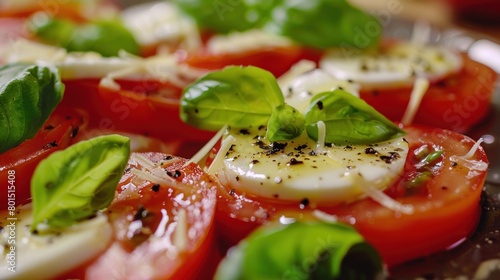 A beautifully arranged Salad Caprese, featuring fresh tomatoes, mozzarella, and basil, drizzled with olive oil