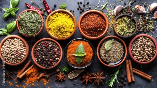 A diverse collection of spices and herbs  showcasing their vibrant colors and varied textures
