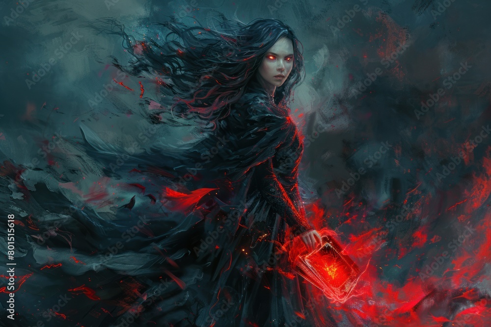 A woman with black hair and red eyes holds a book in a dark and fiery scene.