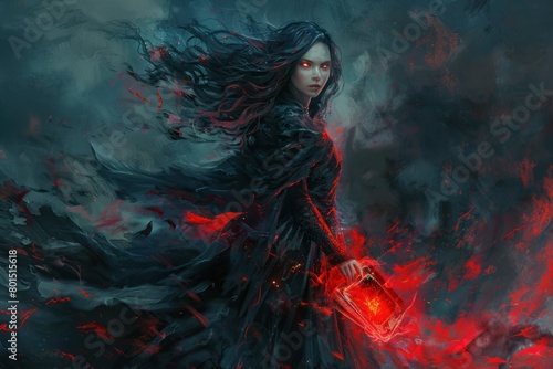 A woman with black hair and red eyes holds a book in a dark and fiery scene. photo