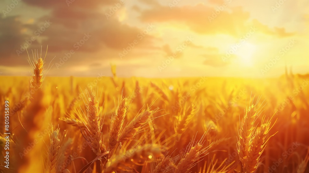 Close-up view of golden wheat ears swaying in a serene field at sunset, portraying a tranquil natural landscape.