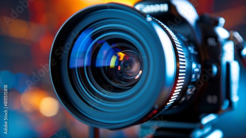 A detailed shot of a video camera lens, focusing on its intricate design and technological sophistication