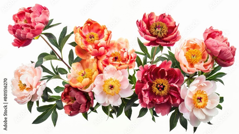 Vibrant Peony Bush: Colorful Blooms on White Background Vibrant Peony Bush: Colorful Blooms on White Background