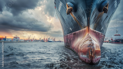 A close-up photo of a ship's bow entering the port, focus on the ship details against a busy port background, dramatic cloud-filled sky, Generative AI