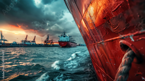 A close-up photo of a ship's bow entering the port, focus on the ship details against a busy port background, dramatic cloud-filled sky, Generative AI
