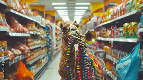 An unexpected scene captured by an HD camera, featuring a camel confidently playing the trumpet amidst the aisles of a grocery store. In the style of Nicholas Price, the vibrant colors and dynamic com photo