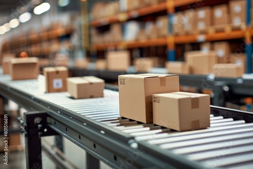 Efficient E-Commerce Warehouse Operation: Cardboard Boxes Moving on a Conveyor Belt in a Fulfillment Center