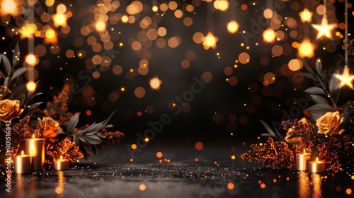   A black-and-gold backdrop featuring candles, blooms, stars, and an agglomeration of lights in image's center photo