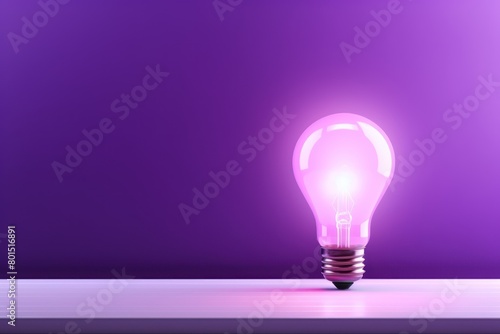Purple backdrop with illuminated lightbulb on a white platform symbolizing ideas and creativity business concept creative thinking innovation new idea