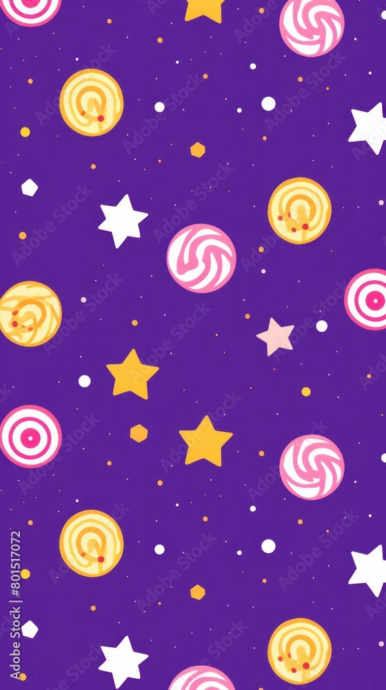 Purple background simple minimalistic seamless pattern, multicolored playful hand drawn cute lines and stars on sugar sprinkles on a donut, confetti